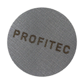 Close-up of the Profitec 100 Micron stainless steel espresso filter screen with fine mesh texture and engraved logo