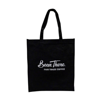 Bean There Black Carry Bag with white logo, durable reusable tote with long handles for everyday use