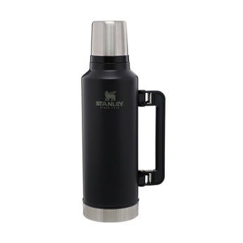Stanley Legendary Classic 1.9L bottle in matte black, front view with stainless steel cup lid and sturdy side handle