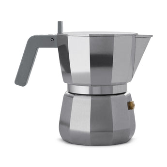 Grey Alessi Moka 3-cup espresso maker side view on a white background, showing the grey handle, polished body and gold safety valve.