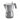 Grey Alessi Moka 6-cup espresso maker angled inward on a white background, showing the faceted aluminium body, grey handle and gold safety valve.