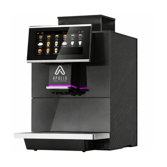 Modern black Apollo automatic coffee machine shown at a slight front-right angle, featuring a large touchscreen display with multiple drink options, a central dispensing spout with purple LED lighting, and a textured diagonal panel on the right side above a stainless steel drip tray.