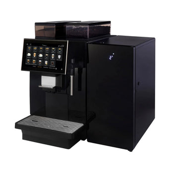 Apollo Coffeezone automatic coffee machine angled view showing dual bean hoppers, touchscreen interface, and professional self service design