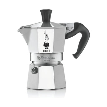 Bialetti Moka Express 1 cup aluminium stovetop coffee maker with black handle on a white background.