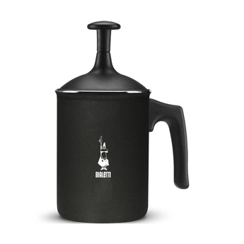 Bialetti Tuttocrema manual stovetop milk frother in black with lid, plunger handle and Bialetti logo.
