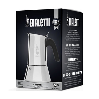 Bialetti Venus 10 Cup moka pot retail box showing the induction-compatible design and 460 ml capacity