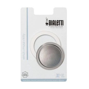 Bialetti Venus replacement gasket and filter plate for 2 cup moka pots displayed in branded packaging.