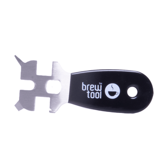 Brewtool Coffee Multi Tool with stainless steel multi-function head and black ergonomic handle featuring the Brewtool logo on a white background.