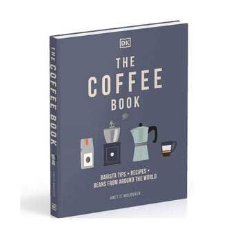 Angled view of The Coffee Book by Anette Moldvaer showing hardcover design with illustrated coffee equipment on the front