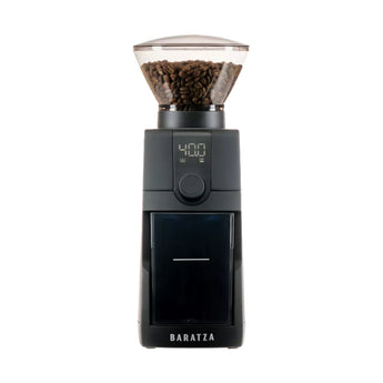 Front-facing image of the Baratza Encore ESP Pro Electric Coffee Grinder with bean hopper full and grounds bin in place
