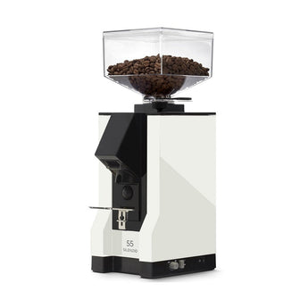 Eureka Mignon Silenzio 55 espresso grinder in white showing compact design and grind adjustment knob