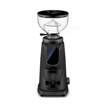 Front view of the black Fiorenzato AllGround Sense coffee grinder featuring a clear hopper, digital display, and portafilter cradle.
