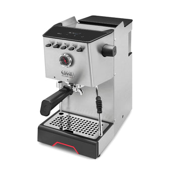 Angled view of Gaggia Classic GT espresso machine with portafilter and steam wand