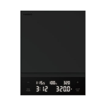 Hario Polaris coffee scale in black, top view with the display showing a 1:15.5 ratio and 320 g