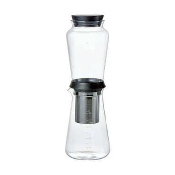 Hario Shizuku Slow Cold Brewer with glass chambers, filter basket and black accents on a white background