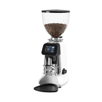 White Hey Buddy Grinder with a full bean hopper, digital display, and portafilter holder, shown on a white background.