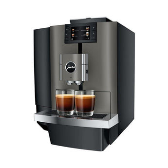Angled view of the Jura X10 automatic coffee machine with dual coffee preparation