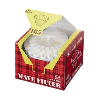 Kalita Wave 185 filter papers in red and yellow packaging for 2-4 cup pour-over brewing