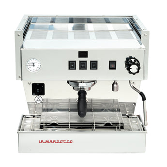Front view of La Marzocco Linea Classic S with portafilter, pressure gauge and control buttons