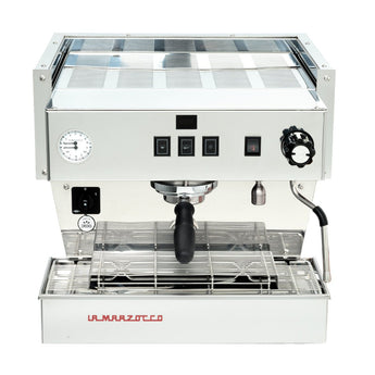 Front view of La Marzocco Linea Classic S with portafilter, pressure gauge and control buttons
