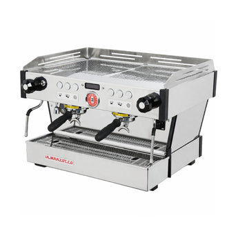 La Marzocco Linea PB S 2 group espresso machine shown at a front-left angle with stainless steel body, dual group heads, and steam wands