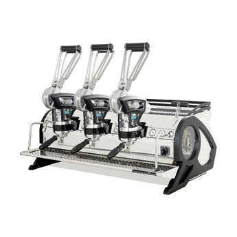 La Marzocco Leva 3 Group espresso machine angled side view highlighting lever mechanisms and premium build