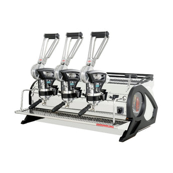 La Marzocco Leva X 3 Group espresso machine angled front view showing portafilters and pressure gauges