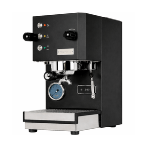 Profitec Go espresso machine in matte black, angled three-quarter view showing portafilter, steam wand, pressure gauge, and digital display