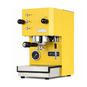 Profitec Go espresso machine in yellow, angled three-quarter view featuring portafilter, steam wand, pressure gauge, and digital display