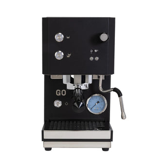 Profitec GO 2.0 espresso machine in matt black, front view on a plain white background