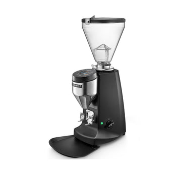 Black Mazzer Super Jolly V Up Electronic coffee grinder with digital display and large bean hopper, shown on a white background.