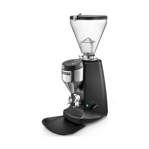 Black Mazzer Super Jolly V Up Electronic coffee grinder with digital display and large bean hopper, shown on a white background.
