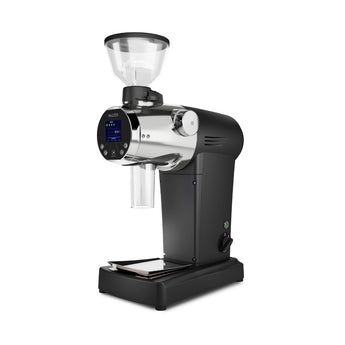 Mazzer ZM Filter coffee grinder in black with chrome front panel, digital display, and small bean hopper, shown on a white background.