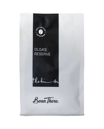 Bean There Olga's Reserve coffee bag, front of pack on plain white