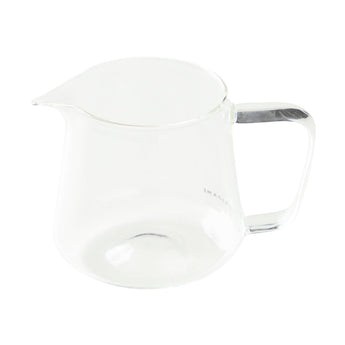 Clear Origami Aroma Glass Coffee Server with handle and precision pouring spout on a white background