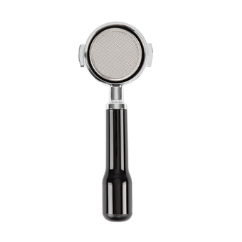 Rear view of the Profitec bottomless portafilter showing the precision 21g filter basket and chrome detailing