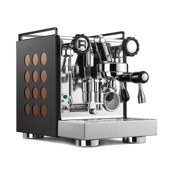 Rocket Appartamento CE 1 Group espresso machine black and copper side panel angled view