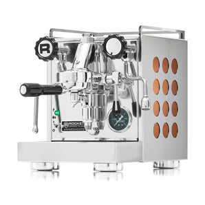 Rocket Appartamento CE 1 Group espresso machine copper side panel front angle