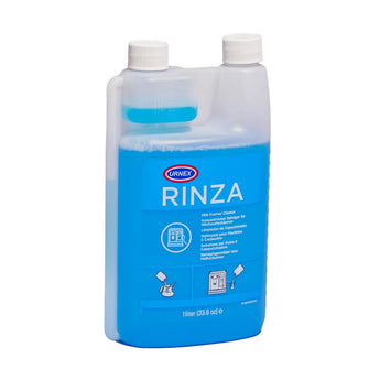 Front view of Urnex Rinza Milk Frother Cleaner 1l bottle for cleaning milk frothers and espresso machine milk systems.