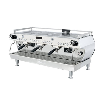 La Marzocco GB5 X ABR 3-group espresso machine front angle view with group heads and control panel