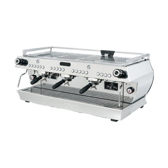 La Marzocco GB5 X rear three-quarter view showing stainless steel body and branding detail