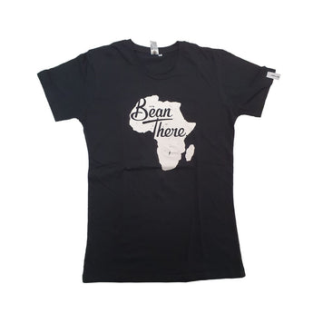 Bean There t-shirt front view with Africa map print on black cotton