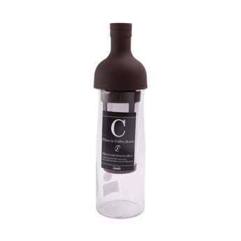 Hario 700ml Filter-in Coffee Bottle in black with heat-resistant glass body and silicone top, designed for simple cold-brew coffee preparation.