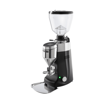 Black Mazzer Kony S Electronic Grind by Weight grinder with conical burrs and digital display designed for accurate, consistent espresso dosing.