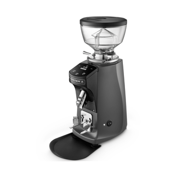 Black Mazzer Mini Electronic 600g on-demand grinder with 64 mm flat burrs and digital dose controls for precise espresso preparation.