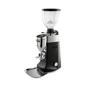 Black Mazzer Robur S Electronic grinder with conical burrs and digital dosing display designed for fast, consistent professional espresso grinding.