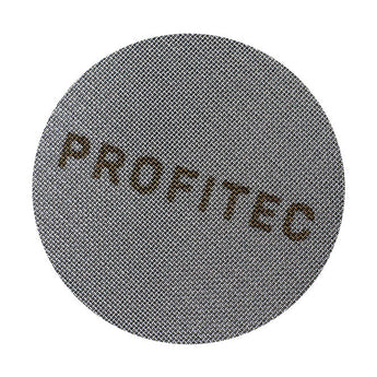 Close-up of the Profitec 100 Micron stainless steel espresso filter screen with fine mesh texture and engraved logo