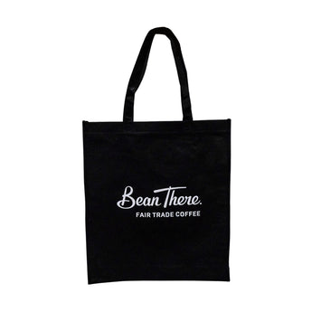 Bean There Black Carry Bag with white logo, durable reusable tote with long handles for everyday use