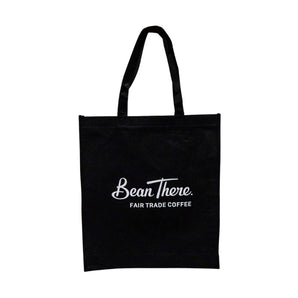 Bean There Black Carry Bag with white logo, durable reusable tote with long handles for everyday use