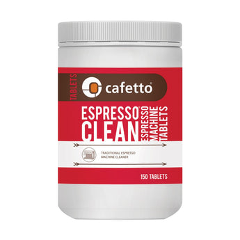 Cafetto Espresso Clean Tablets jar with 150 tablets for cleaning traditional espresso machines.